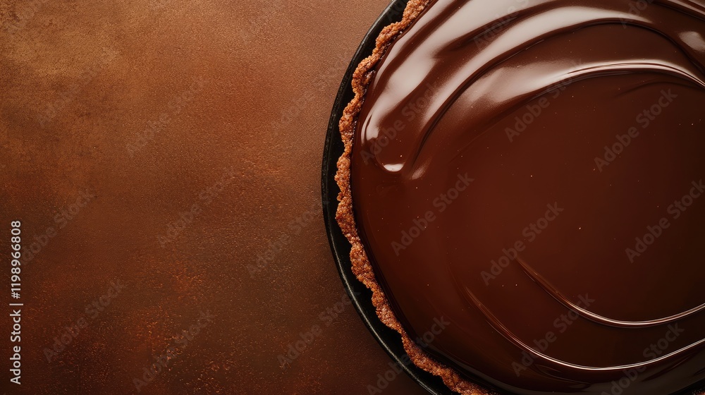 Poster close up of luxurious chocolate ganache tart on dark brown table with empty space for text in warm t