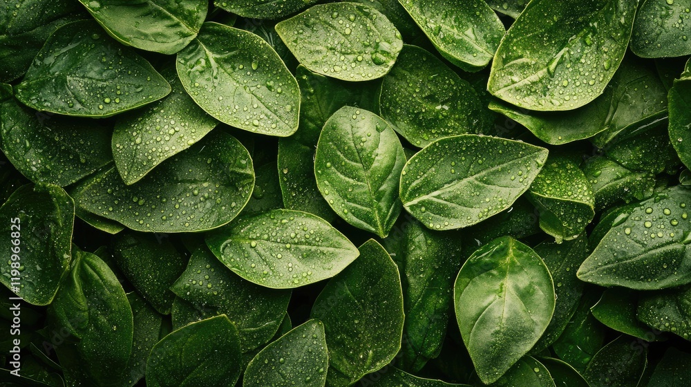 Aufkleber freshly harvested basil leaves close-up with dew drops in lush green textures and empty copy space f