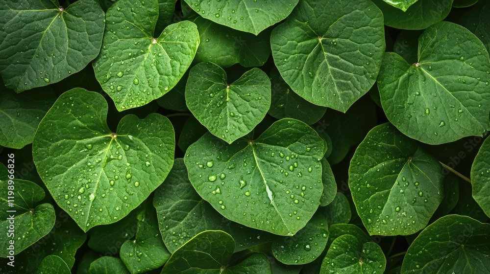 Poster Close up of vibrant green heart-shaped leaves with water droplets on dark background with ample negative space for text insertion