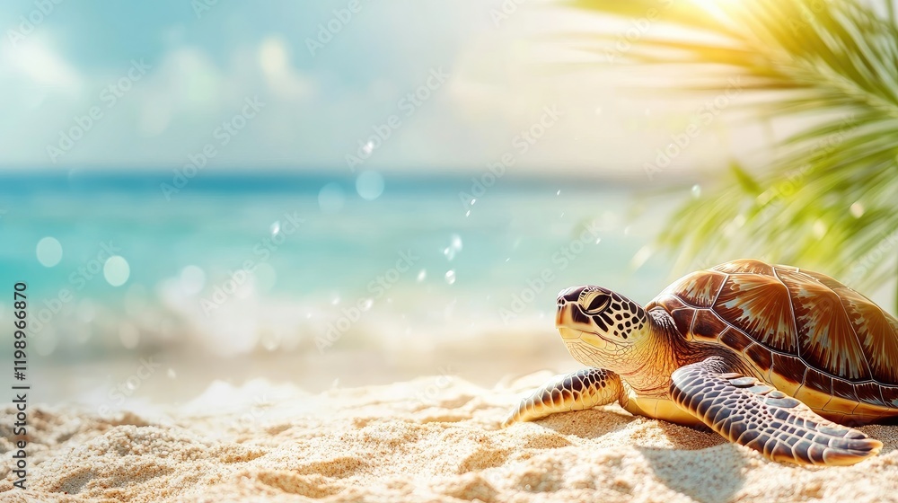 Poster close-up of a green sea turtle on sandy beach with ocean backdrop and palm leaves, warm sunlight cre