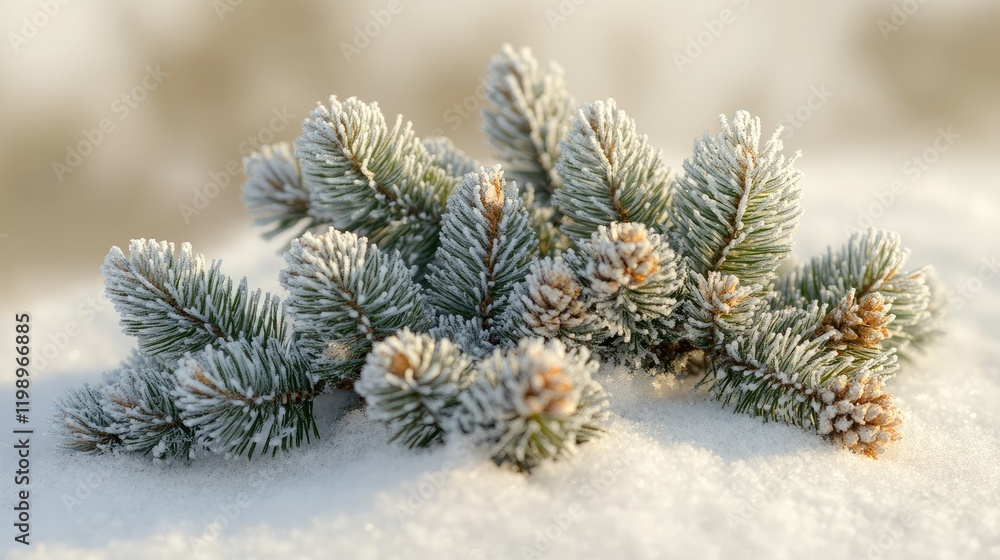 Poster frosted fir tree branches in soft snowy landscape with winter holiday atmosphere and gentle bokeh ba