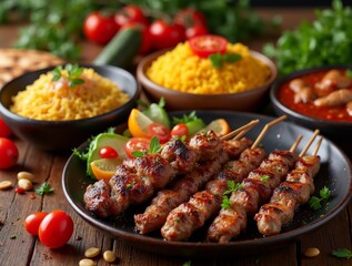 Fototapeta premium Delicious kebabs served with rice, vegetables, and fresh herbs on a wooden table