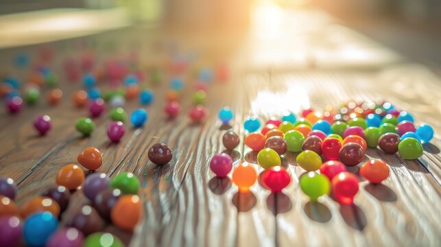 Colorful dragees on wooden table create cheerful children's party atmosphere