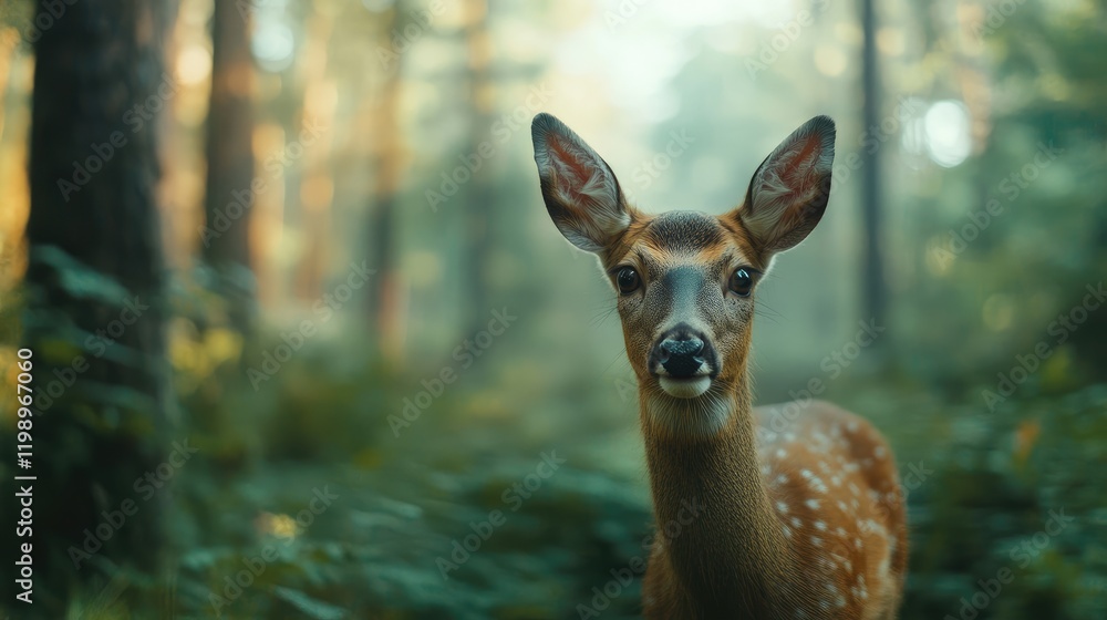 Poster Close up portrait of a spotted roe deer in a soft green forest setting with blurred trees and gentle light creating a serene natural habitat scene.