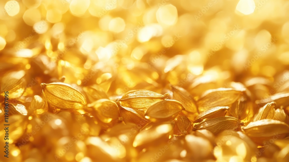 Aufkleber Golden cardamom seeds beautifully arranged in a soft-focus background with warm amber tones and ample copy space for text in a culinary setting.
