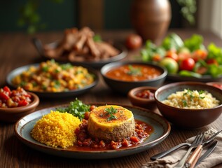 Fototapeta premium Colorful spread of traditional dishes on a wooden table in a cozy dining setting