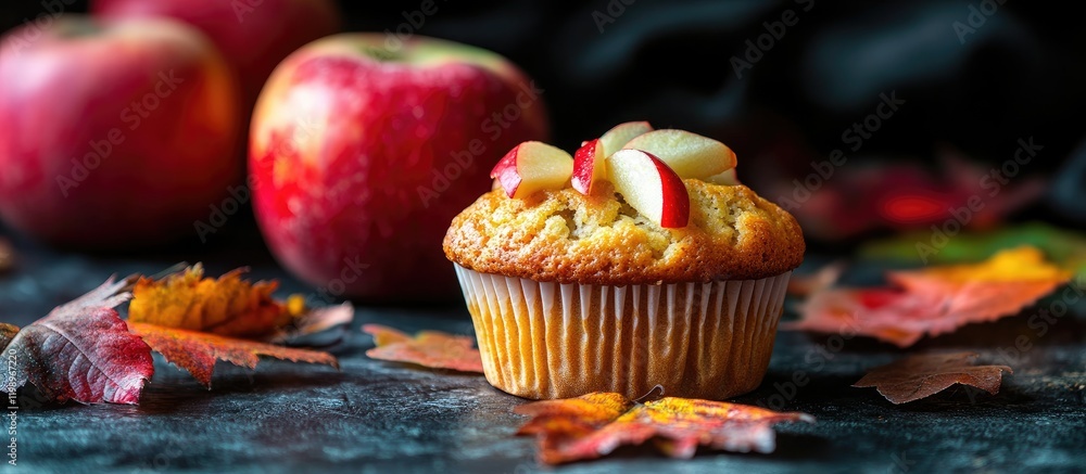 Poster delicious golden muffin topped with apple slices and autumn leaves on a dark textured surface with f