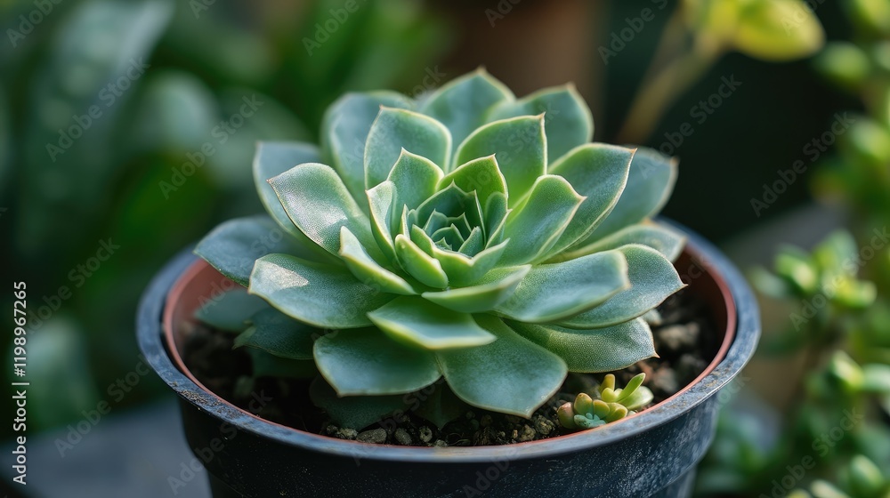 Aufkleber close up of a lush green succulent plant in a garden pot with a blurred background featuring soft na