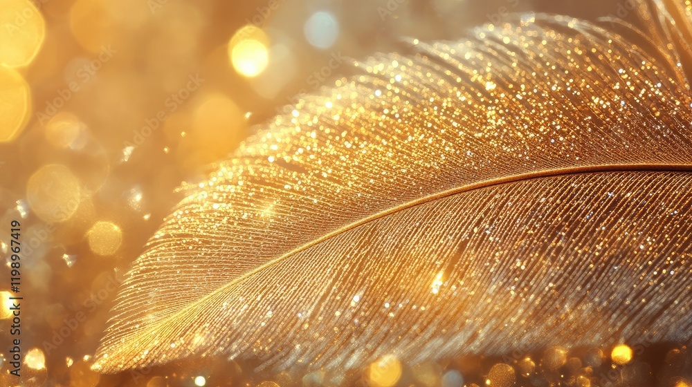 Aufkleber Close up of shimmering golden feather adorned with sparkles on a soft blurred gold background, featuring ample space for text placement.