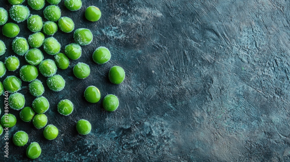 Poster close-up of vibrant green frozen peas on a dark textured background with ample empty space for custo