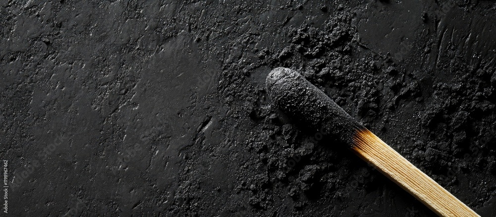 Poster close up of a wooden matchstick resting on textured black charcoal powder background with ample nega
