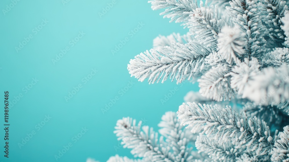 Poster close up of frosty white conifer tree branches on teal background featuring empty space for holiday 