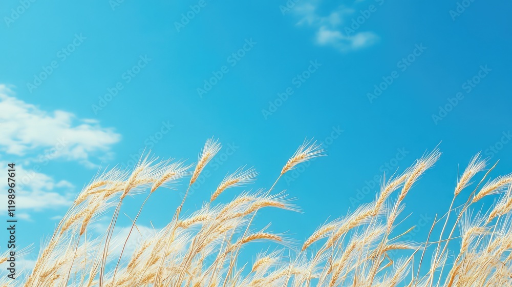 Aufkleber Golden wheat ears captured in close-up against a bright blue sky with soft clouds, featuring empty space for text in a vibrant field.