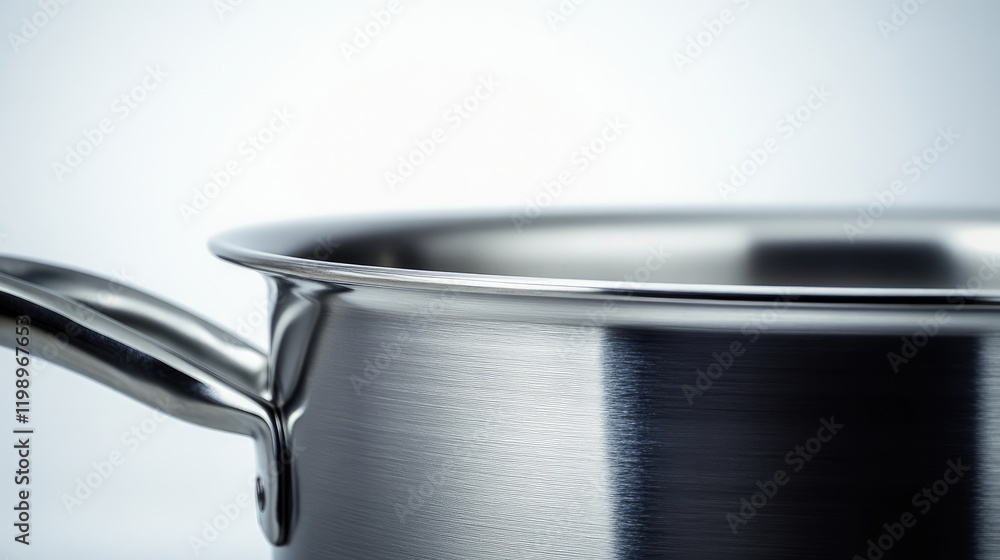 Aufkleber Close up of polished stainless steel pot with reflecting surface on white background and dark silky texture with empty space for text.