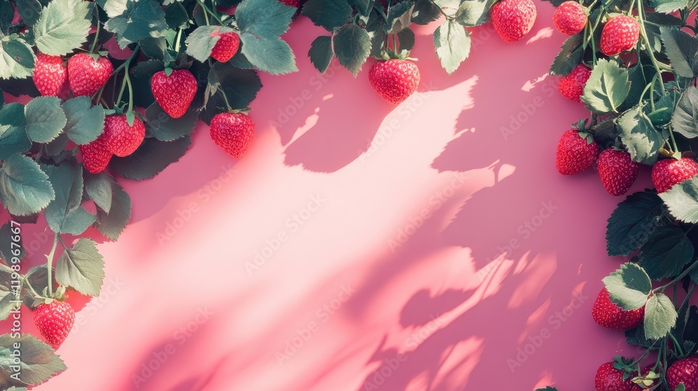 Poster Close Up of Ripe Red Strawberries and Green Leaves on Soft Pink Background with Negative Space for Text or Graphics