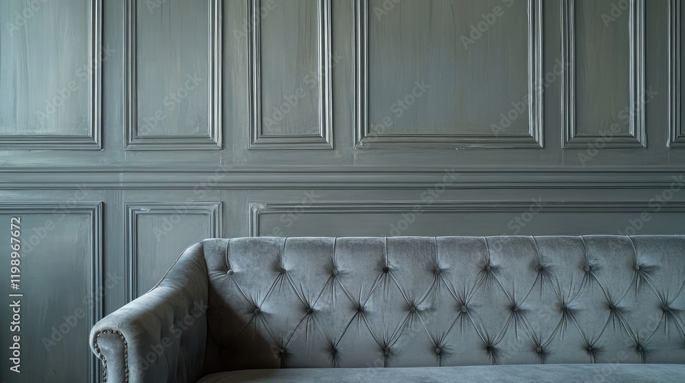 Aufkleber Close up of plush gray sofa with tufted design against a muted gray paneled wall featuring ample empty copy space for text
