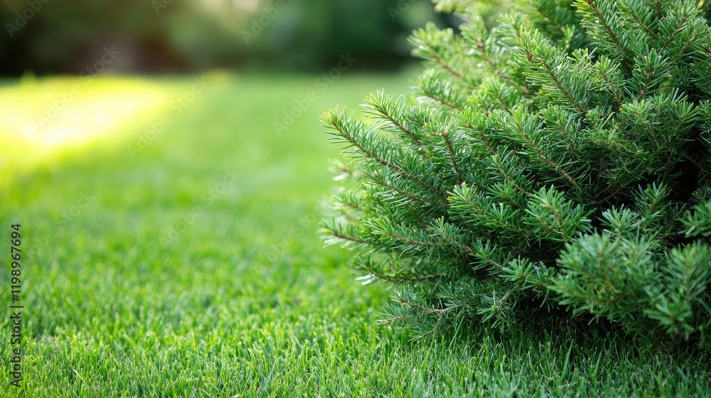 Poster close up of lush green cedar tree foliage with vibrant grass in a serene garden setting featuring am