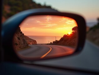 Scenic sunset view over winding coastal road through car side mirror reflection