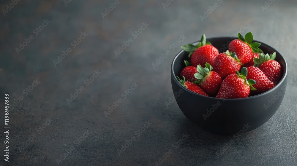 Poster vibrant red strawberries in a black bowl on a dark textured background with ample empty space for te