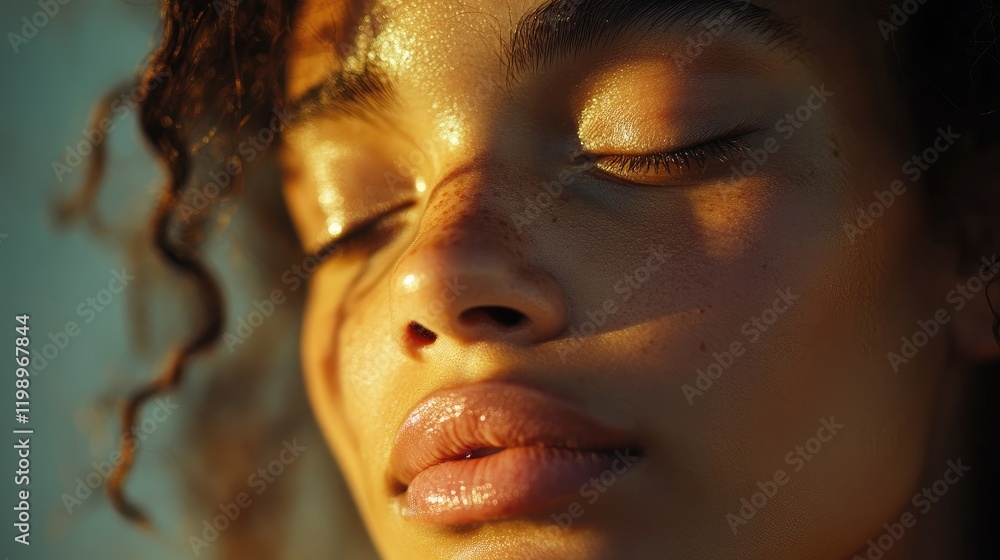 Aufkleber close up of a woman's soft translucent skin illuminated by gentle natural light at sunset with warm 