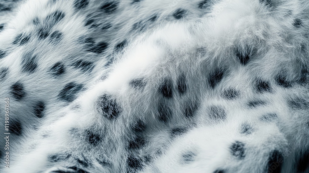 Poster Close-up of soft snow leopard fur in shades of white and gray showcasing unique spotted texture with abstract background for design purposes