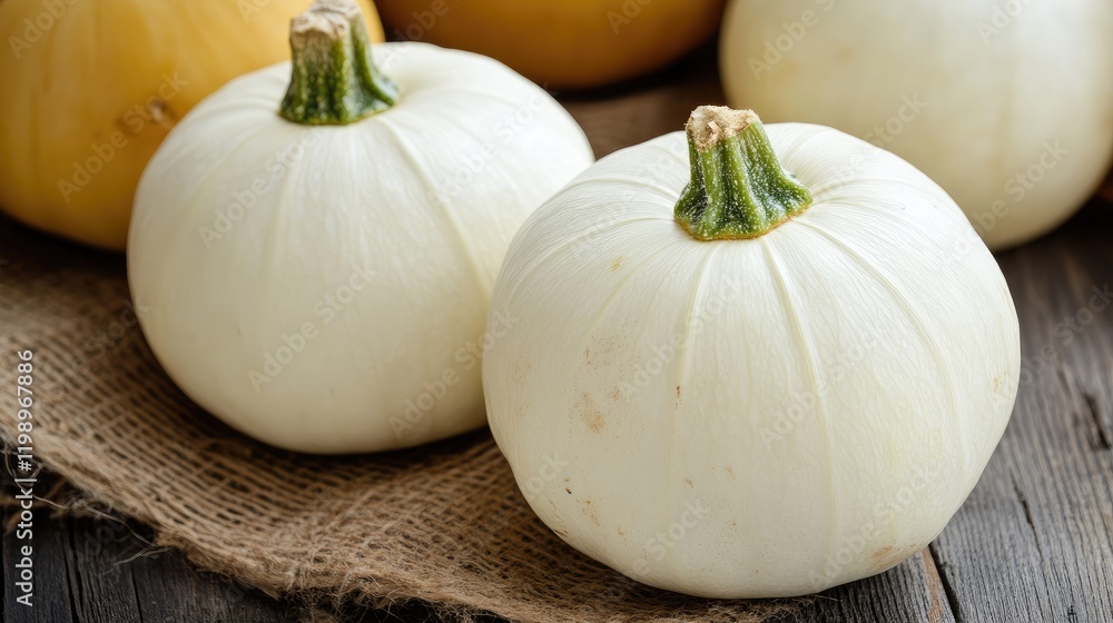 Poster fresh white squash arranged on a rustic wooden table with burlap accents and ample copy space for te