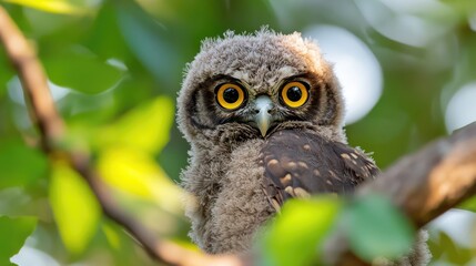 Obraz premium Young owl perched on a forest branch surrounded by vibrant green leaves displaying bright yellow eyes and inquisitive gaze with soft bokeh background