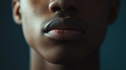 Close-up of a young man's mouth and chin, lipsynching to music, with a focused expression and empty space for text.