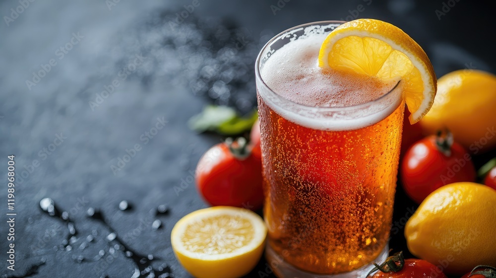 Poster refreshing close-up of a chilled amber beer in a glass with lemon slices, surrounded by vibrant red 
