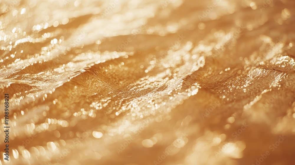 Poster close-up view of gentle golden waves lapping on a sandy beach with soft sunlight reflections and amp