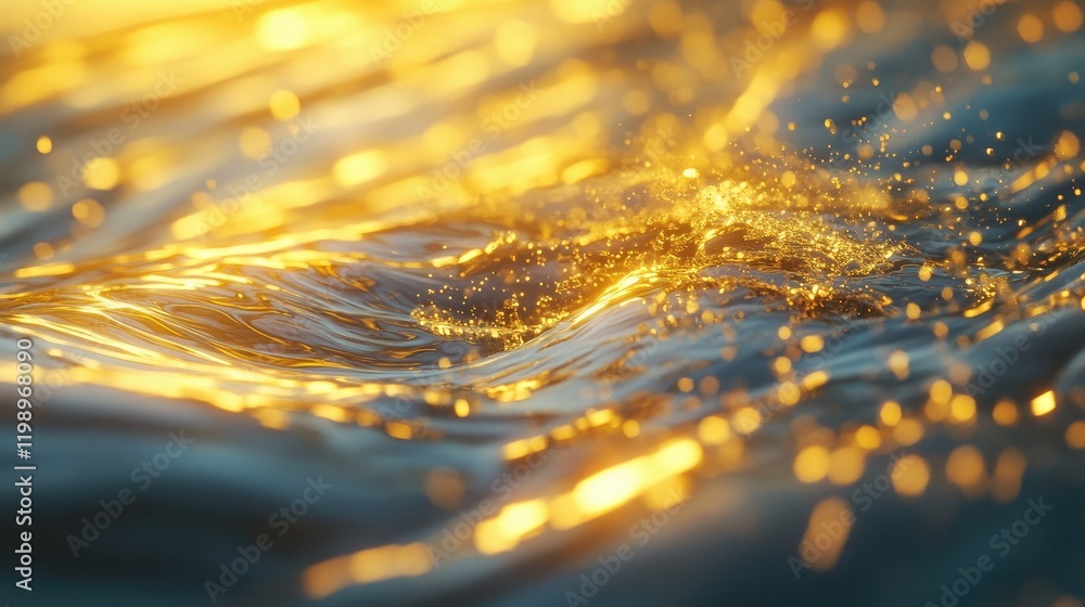 Aufkleber Golden Light Reflections on Blue Water Surface in Macro View with Soft Bokeh Highlights and Empty Space for Text Copy