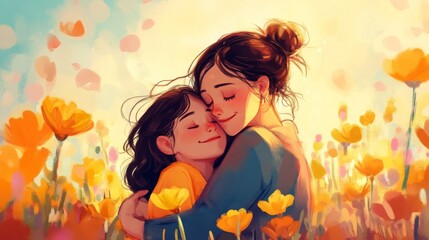Tender Embrace of Mother and Daughter in a Poppy Field