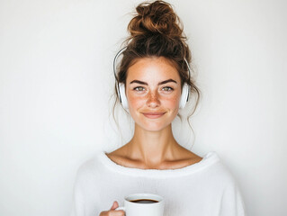A happy young woman with headphones holding her coffee cup.