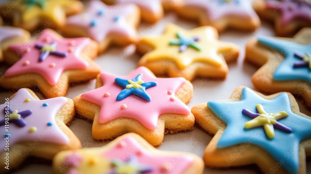 Poster colorful star-shaped holiday cookies adorned with vibrant icing, arranged on a rustic table with amp