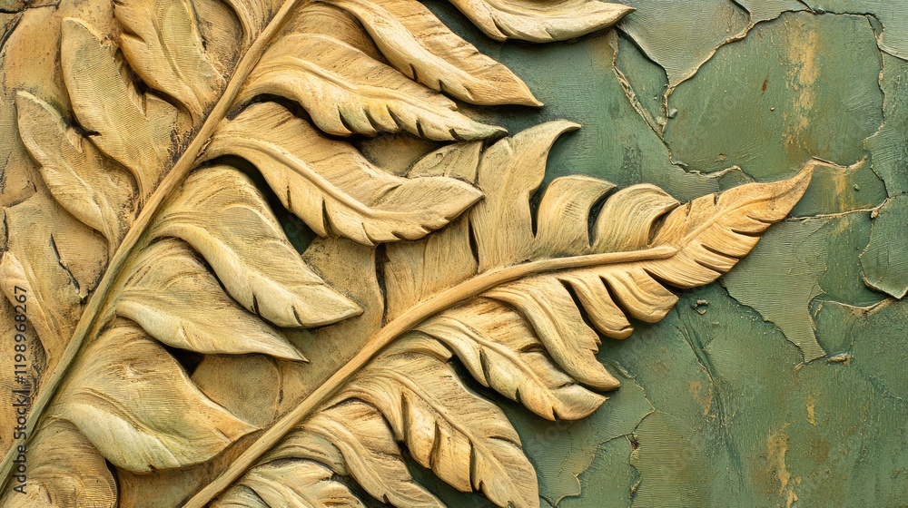 Aufkleber Textured beige fern leaves against a green background with empty copy space for text featuring intricate wood-like relief detail.