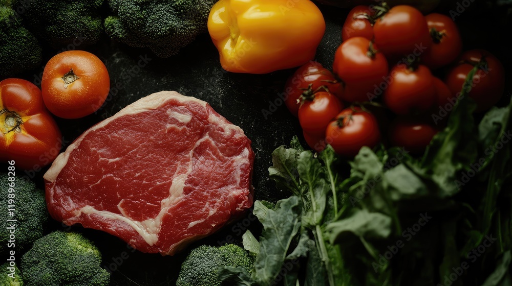 Aufkleber close up composition showcasing vibrant red meat against fresh ripe tomatoes broccoli and yellow pep