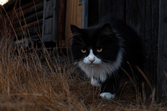 Mysterious Norwegian Forest Cat with dramatic lighting in twilight forest