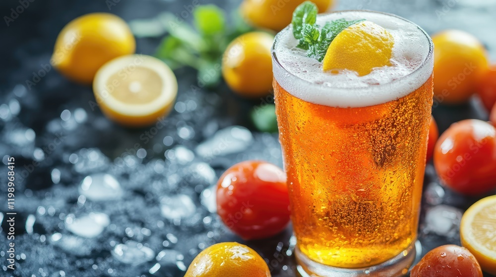 Poster refreshing cold beer glass adorned with fresh lemon slices and ripe tomatoes against a dark textured