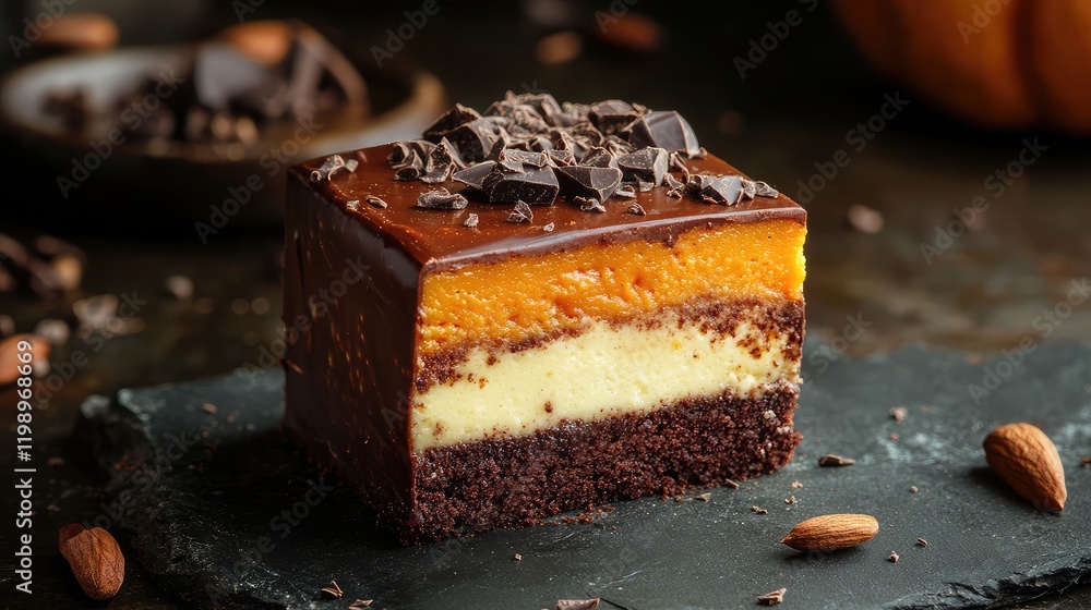 Poster gourmet pumpkin chocolate cake slice with layers of orange and dark chocolate on slate surface again