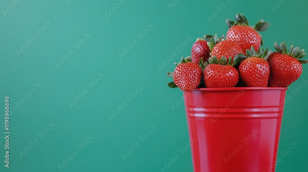 Aufkleber Close-up of ripe red strawberries overflowing from a bright red bucket against a blurred green background with ample copy space for text.