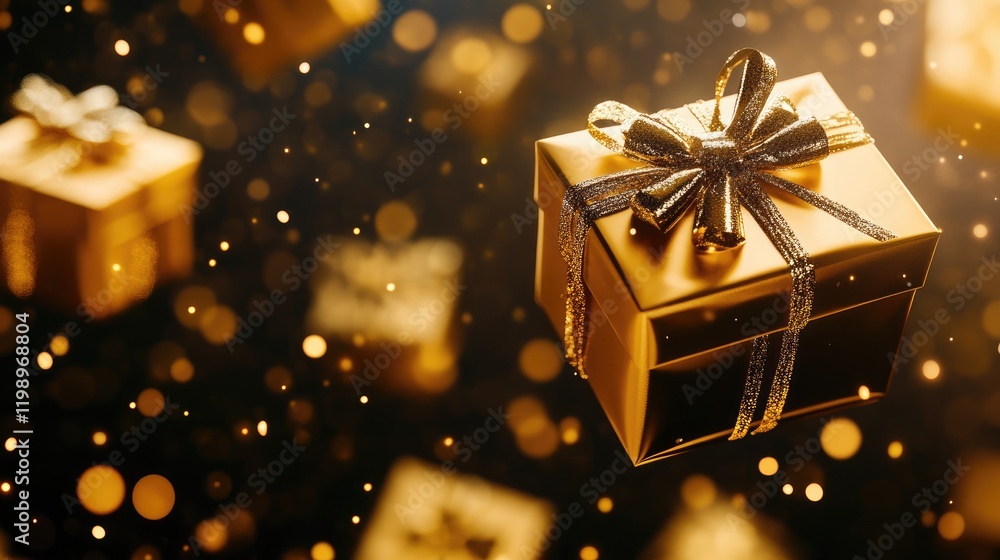 Aufkleber Golden floating gift boxes suspended in air against a minimal dark background with shimmering particles, creating a festive holiday atmosphere and ample copy space.