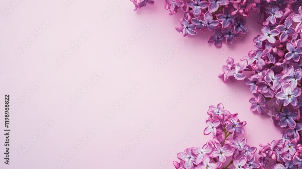 Poster Vibrant purple lilac flowers elegantly arranged in bloom against a soft pink background with ample empty space for text or design elements.