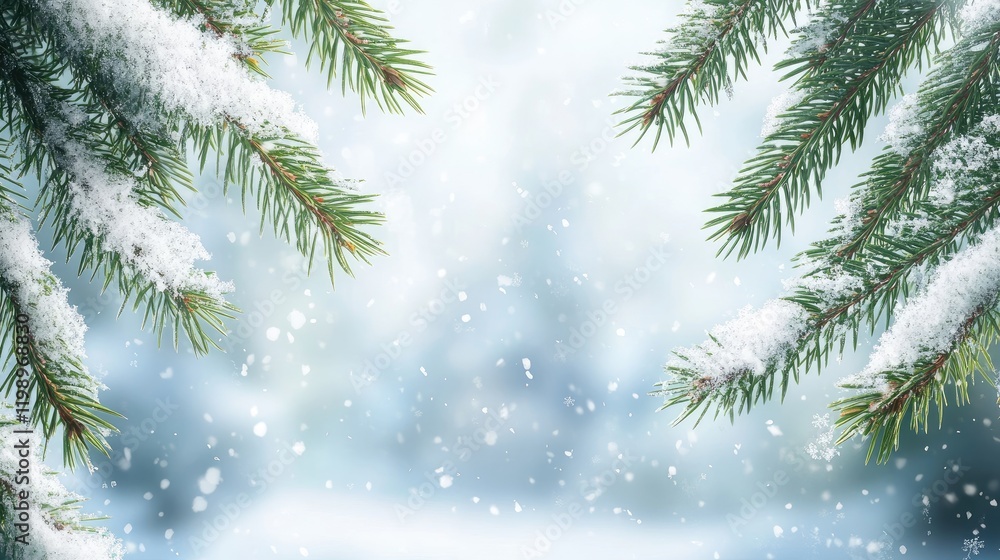 Aufkleber Close up view of fresh green pine conifer leaves covered with snow in winter forest with blurred background and empty copy space for text