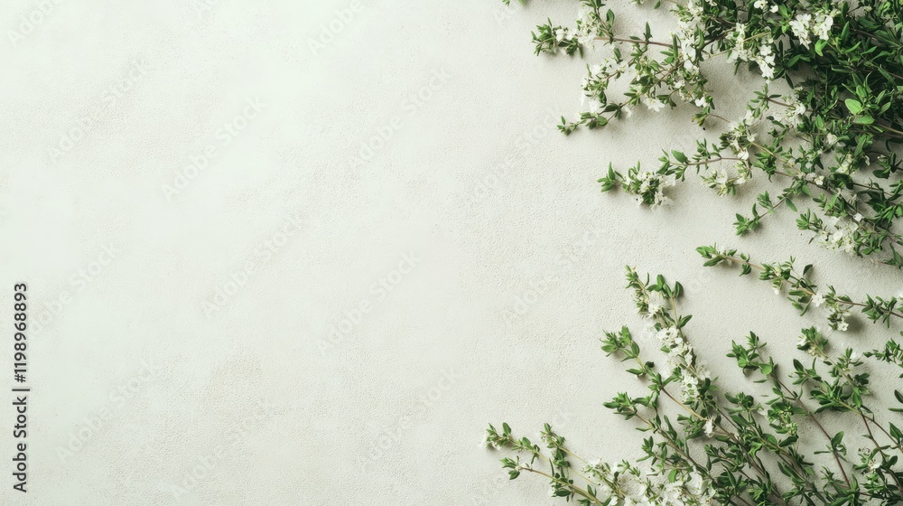 Aufkleber fresh green thyme sprigs on soft light background with blank copy space for text in elegant culinary