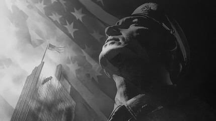 A grayscale portrait of a soldier against an American flag background, evoking themes of patriotism, remembrance, and sacrifice.