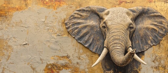 Close up view of a majestic elephant with raised trunk showcasing intricate texture against a golden savanna landscape with ample negative space for text