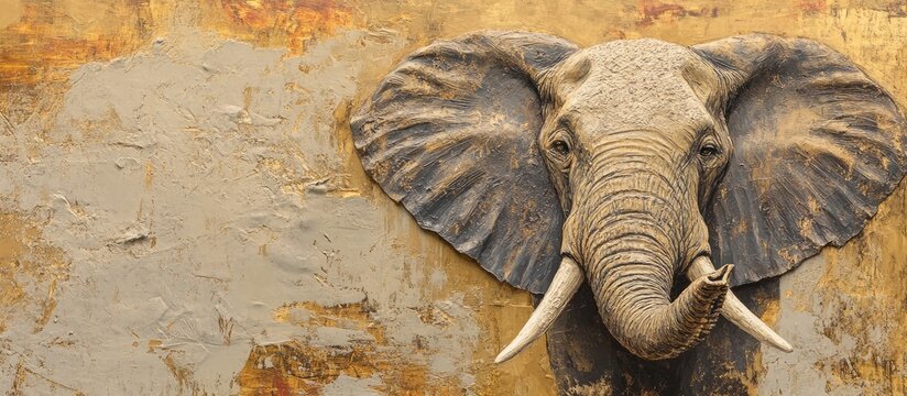 Close up view of a majestic elephant with raised trunk showcasing intricate texture against a golden savanna landscape with ample negative space for text