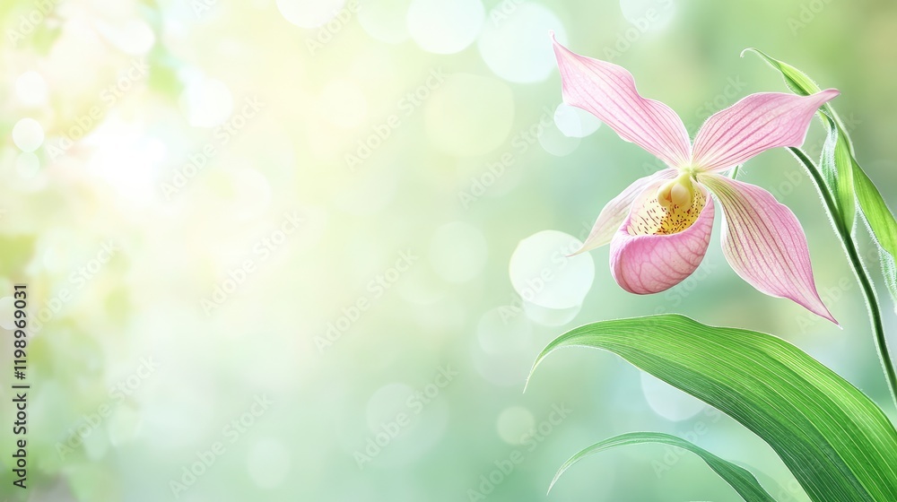 Poster delicate pink lady's slipper orchid in bloom against a blurred green bokeh background with soft ligh