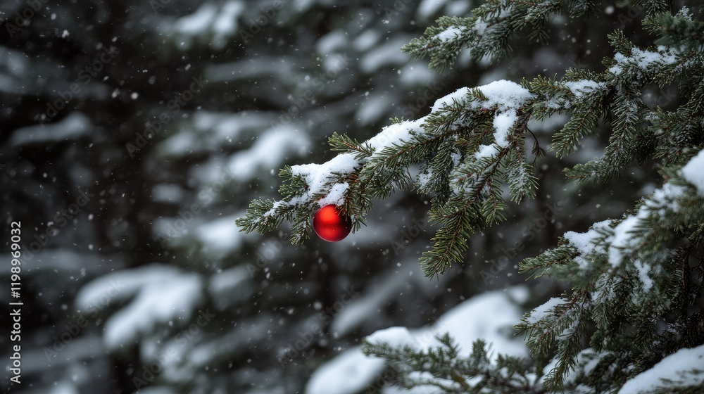 Poster Green conifer branch with red ornament against blurred snow-covered coniferous trees and shrubs in winter scene empty space for holiday card design