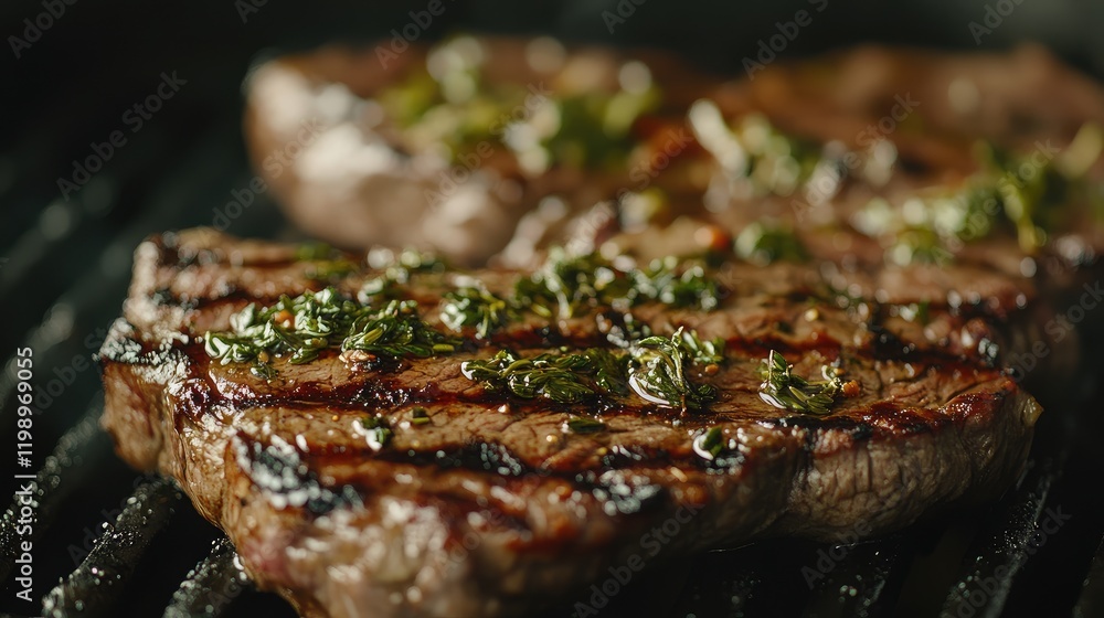 Poster Grilled steak close-up with herbs, showcasing char marks and textures, on a dark grilling surface, with ample empty space for text.